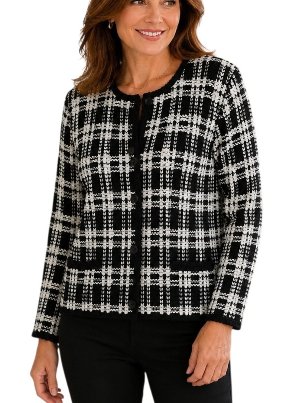 JM Collection Jennifer Moore Women M Black White Textured Plaid Cardigan Jacket